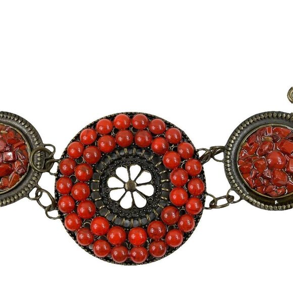 Brass Tone Metal Chain Concho Belt Rust orange Stones Boho Artsy - Picture 2 of 7